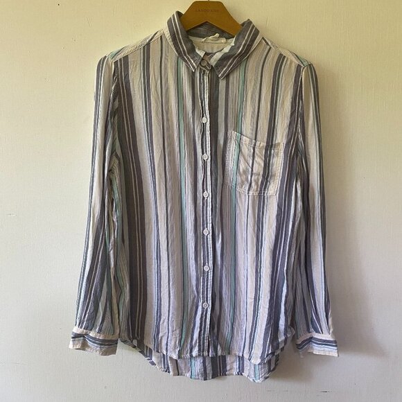beachlunchlounge Button Front Blouse Striped Collared Women's Size Medium - Picture 1 of 5